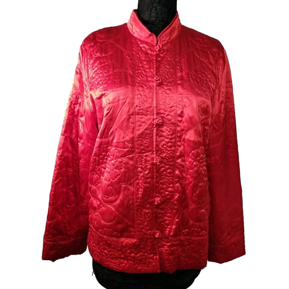 softwear mark singer Red Silk Floral Mandarin Collar Lined Jacket Size Large